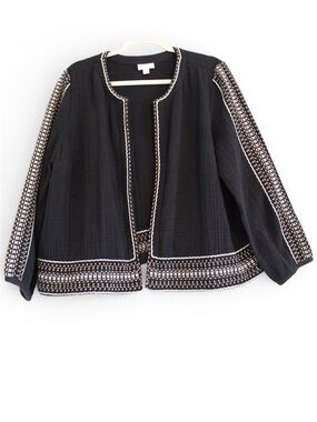 NWOT Pure Jill Black Cotton Gauze Embroidered Open Front Jacket